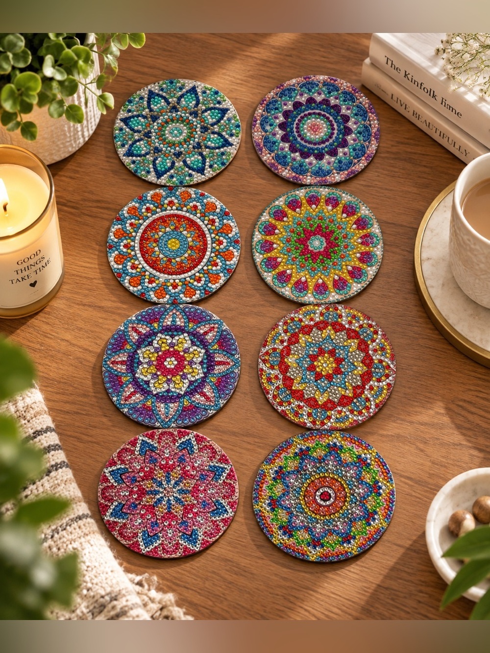 Vibrant Handmade Mandala Coasters Set 8 Piece With Holder